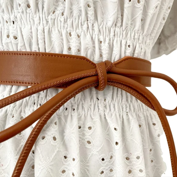 Minimalist Skinny brown boho faux leather waist Obi self tie wrap belt festival - Picture 6 of 9